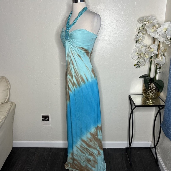 Sky Collection blue tie dye halter maxi Dress w/Turquoise Beading S - Picture 5 of 12